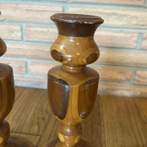 Vintage Hand Turned Mixed Wooden Candle Stick Holders 9” Boho - Picture 5 of 7